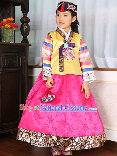 Asian Korean Traditional Handmade Formal Occasions Costume Baby Princess Embroidered Yellow Blouse and Pink Dress Hanbok Clothing for Girls