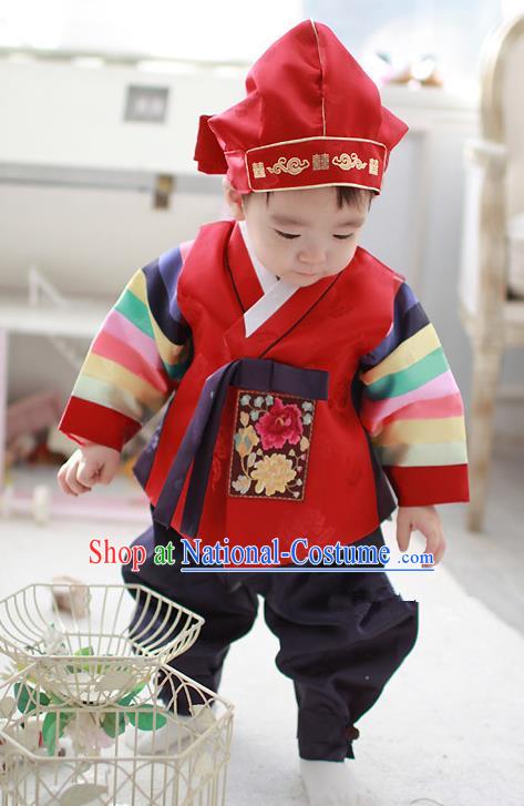 Asian Korean Traditional Handmade Formal Occasions Costume Baby Prince Embroidered Red Hanbok Clothing for Boys