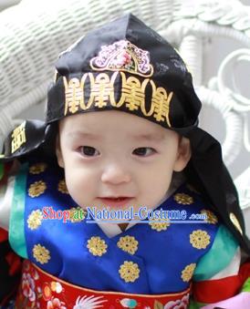 Traditional Korean Hair Accessories Black Embroidered Hats, Asian Korean Fashion Headwear for Boys