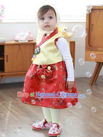 Asian Korean Traditional Handmade Formal Occasions Costume, Baby Princess Embroidered Red Hanbok Clothing for Girls