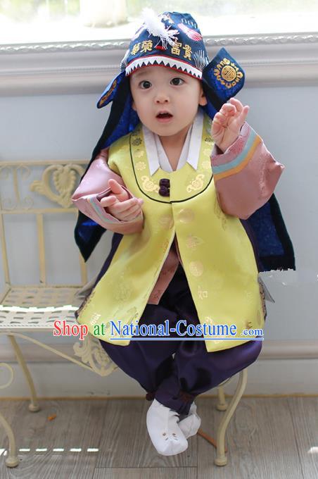 Asian Korean National Traditional Handmade Formal Occasions Costume, Palace Boys Brithday Embroidered Yellow Hanbok Clothing for Kids