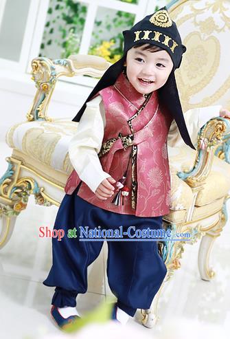 Asian Korean National Traditional Handmade Formal Occasions Costume, Palace Boys Brithday Embroidered Red Hanbok Clothing for Kids