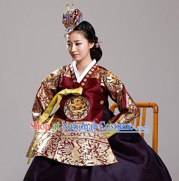 Asian Korean National Traditional Handmade Formal Occasions Costume, Palace Queen Wedding Embroidered Purple Hanbok Clothing for Women