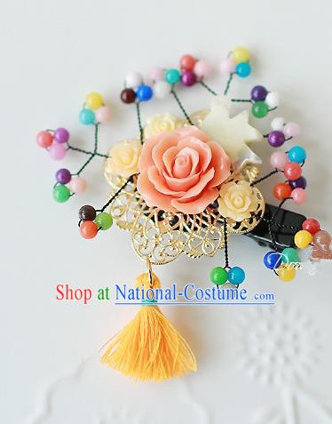 Traditional Korean Hair Accessories Orange Flowers Hair Stick, Asian Korean Fashion Headwear Wedding Tassel Hair Claw for Kids