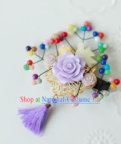 Traditional Korean Hair Accessories Purple Flowers Hair Stick, Asian Korean Hanbok Fashion Headwear Wedding Tassel Hair Claw for Kids