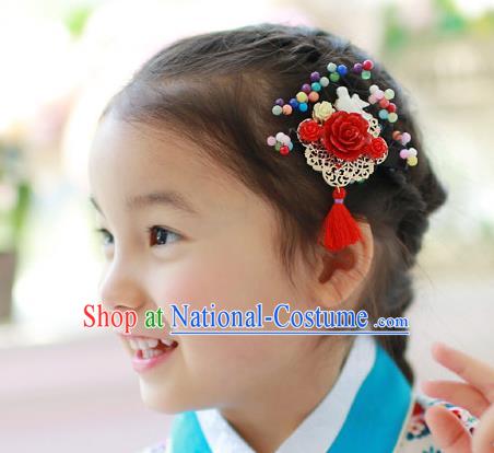 Traditional Korean Hair Accessories Red Flowers Hair Stick, Asian Korean Hanbok Fashion Headwear Wedding Tassel Hair Claw for Kids