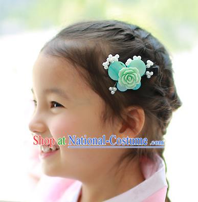 Traditional Korean Hair Accessories Blue Rose Butterfly Hair Stick, Asian Korean Hanbok Fashion Headwear Hair Claw for Kids