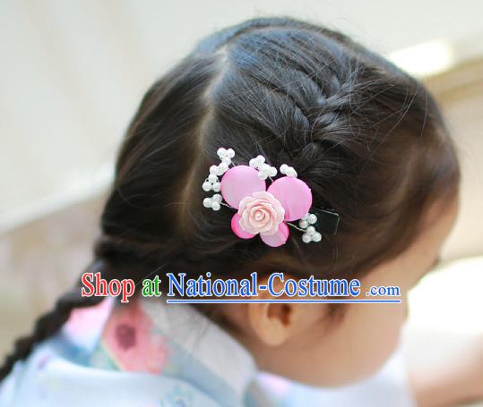 Traditional Korean Hair Accessories Pink Rose Butterfly Hair Stick, Asian Korean Hanbok Fashion Headwear Hair Claw for Kids