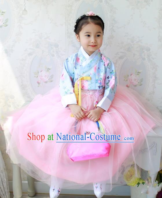 Traditional Korean Handmade Formal Occasions Costume Princess Blue Embroidered Blouse and Pink Dress Hanbok Clothing for Girls