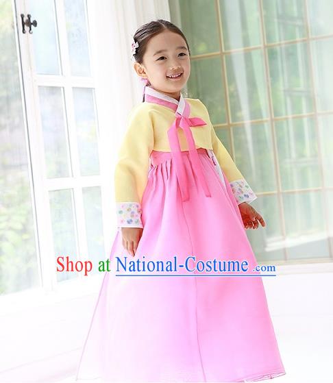 Traditional Korean Handmade Formal Occasions Costume Princess Yellow Embroidered Blouse and Pink Dress Hanbok Clothing for Girls