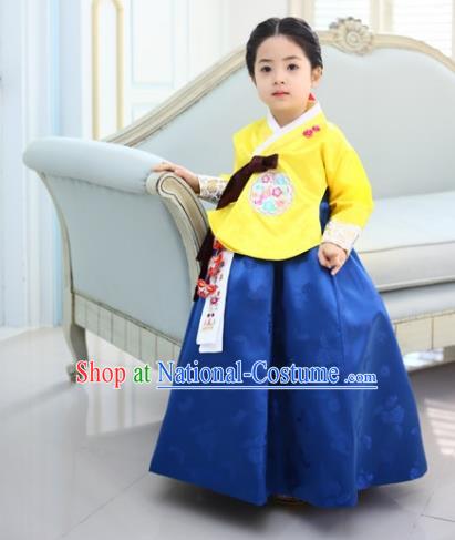 Asian Korean Traditional Handmade Formal Occasions Costume Princess Yellow Embroidered Blouse and Blue Dress Hanbok Clothing for Girls