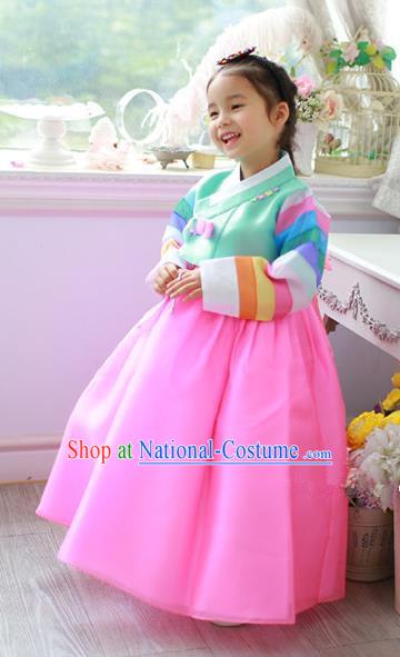 Asian Korean Traditional Handmade Formal Occasions Costume Princess Green Embroidered Blouse and Pink Dress Hanbok Clothing for Girls