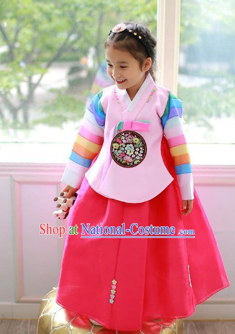 Asian Korean Traditional Handmade Formal Occasions Costume Princess Embroidered Pink Blouse and Red Dress Hanbok Clothing for Girls