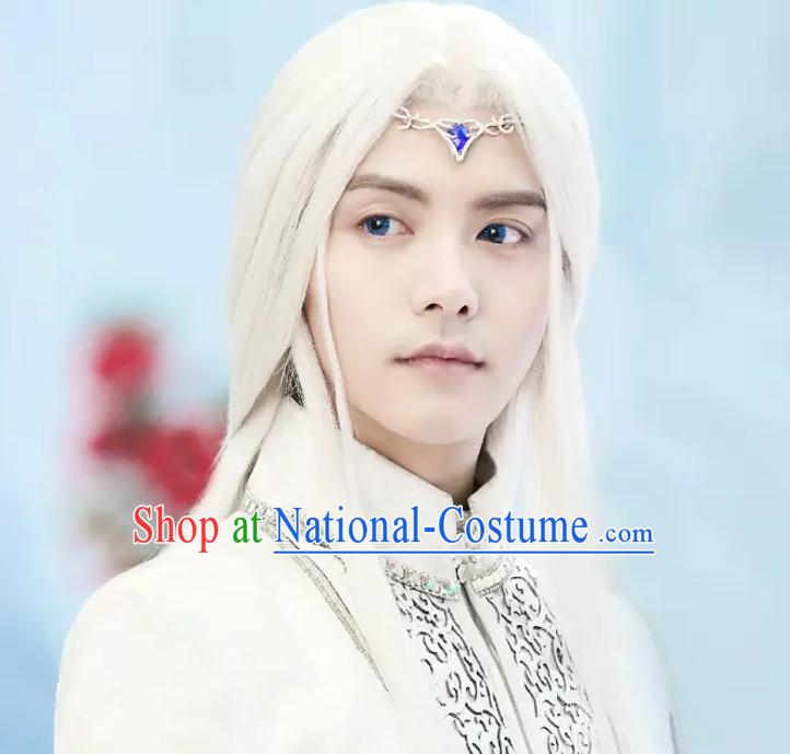 Ancient Chinese Fantasy White Long Wigs and Hair Jewelry for Men