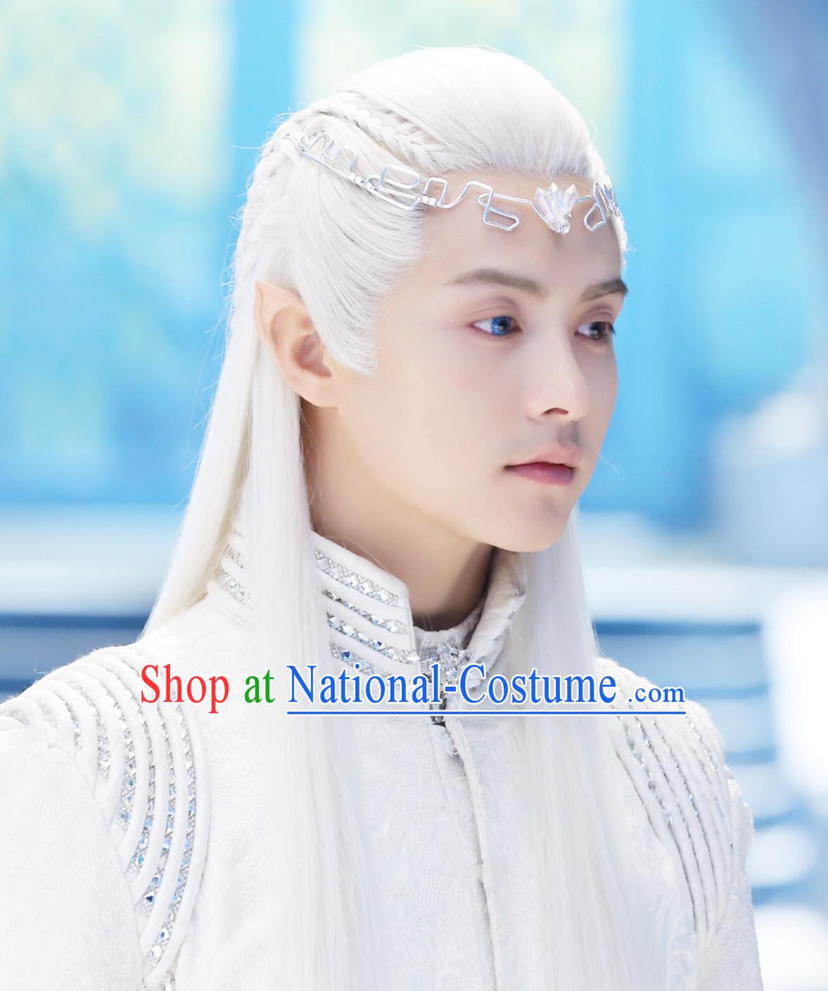 Ancient Chinese Fantasy Drama Style White Long Wigs and Hair Jewelry for Men