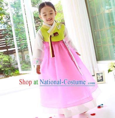 Asian Korean Traditional Handmade Formal Occasions Costume Princess Embroidered Green Blouse and Pink Veil Dress Hanbok Clothing for Girls