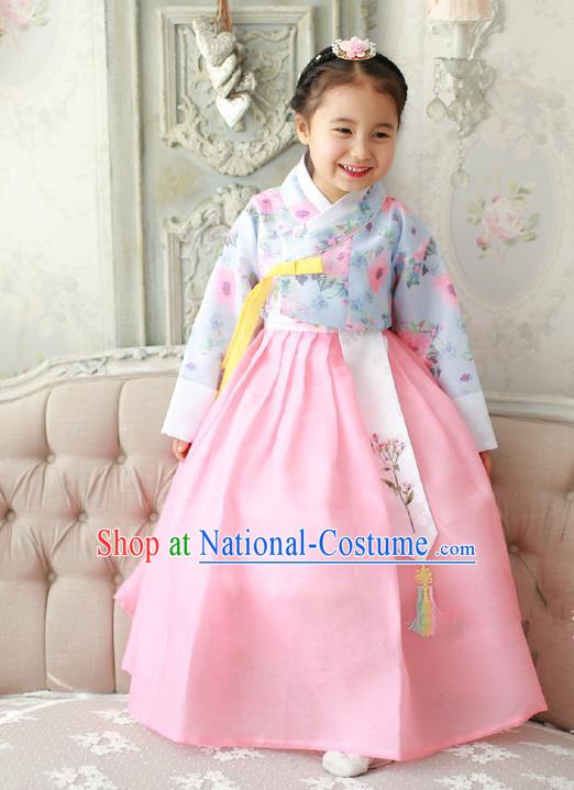 Asian Korean Traditional Handmade Formal Occasions Costume Princess Embroidered Blue Blouse and Pink Dress Hanbok Clothing for Girls