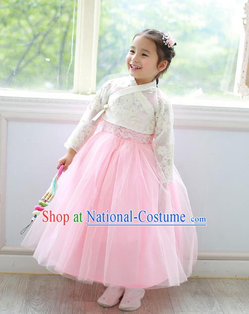 Asian Korean Traditional Handmade Formal Occasions Costume Princess Embroidered White Lace Blouse and Pink Dress Hanbok Clothing for Girls