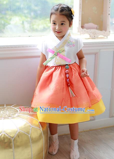 Asian Korean Traditional Handmade Formal Occasions Costume Princess Embroidered White Blouse and Orange Dress Hanbok Clothing for Girls