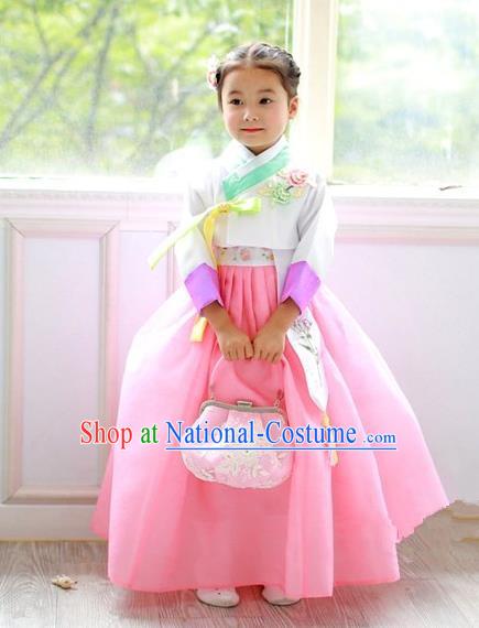 Asian Korean Traditional Handmade Formal Occasions Costume Princess Embroidered White Blouse and Pink Dress Hanbok Clothing for Girls