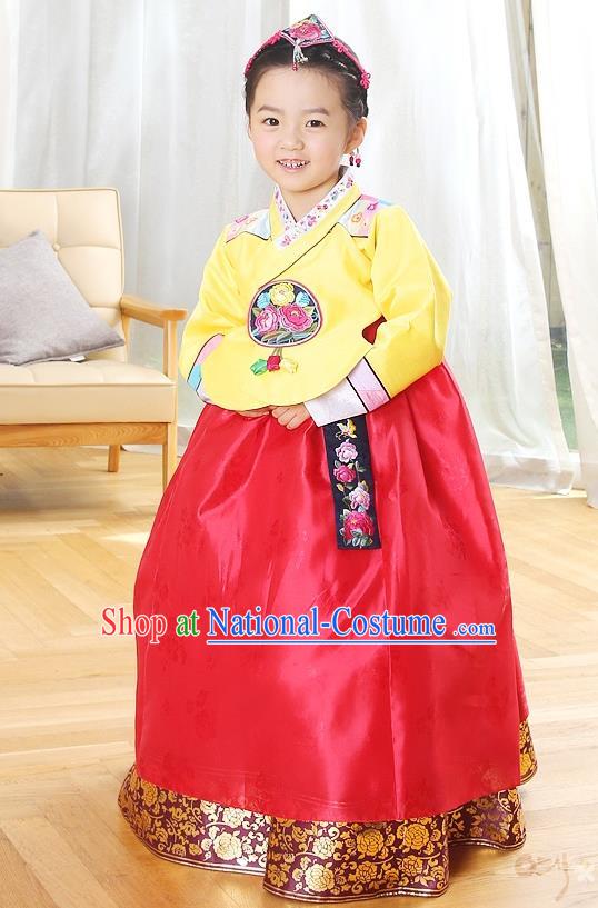 Asian Korean Traditional Handmade Formal Occasions Costume Princess Embroidered Yellow Blouse and Red Dress Hanbok Clothing for Girls