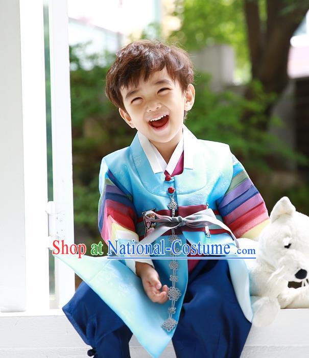 Asian Korean Traditional Handmade Formal Occasions Costume Palace Prince Embroidered Blue Hanbok Clothing for Boys