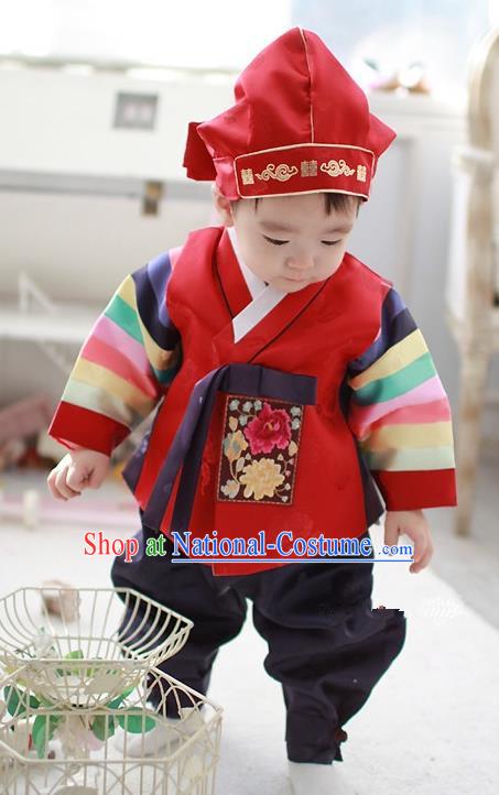 Asian Korean Traditional Handmade Formal Occasions Costume Palace Prince Embroidered Red Hanbok Clothing for Boys