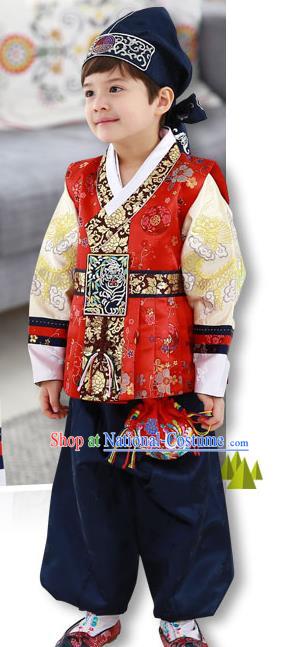 Asian Korean Traditional Handmade Formal Occasions Costume Palace Prince Embroidered Red Hanbok Clothing for Boys