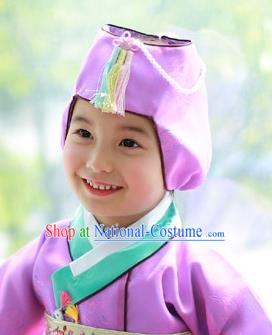 Traditional Korean Hair Accessories Girls Formal Occasions Embroidered Purple Hats, Asian Korean Fashion Headwear for Kids