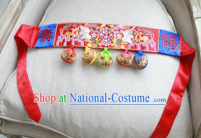 Traditional Korean National Accessories Embroidered Red Waist Belts, Asian Korean Fashion Waistband Decorations for Kids