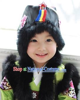 Traditional Korean Hair Accessories Bride Black Embroidered Hats, Asian Korean Fashion Girls Wedding Headwear for Kids