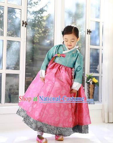 Asian Korean Traditional Handmade Formal Occasions Costume Palace Princess Embroidered Green Blouse and Pink Dress Hanbok Clothing for Girls