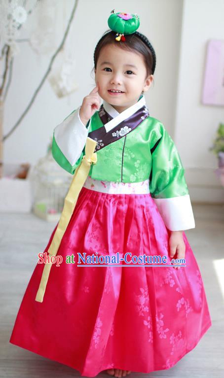 Asian Korean Traditional Handmade Formal Occasions Costume Palace Princess Embroidered Green Blouse and Red Dress Hanbok Clothing for Girls