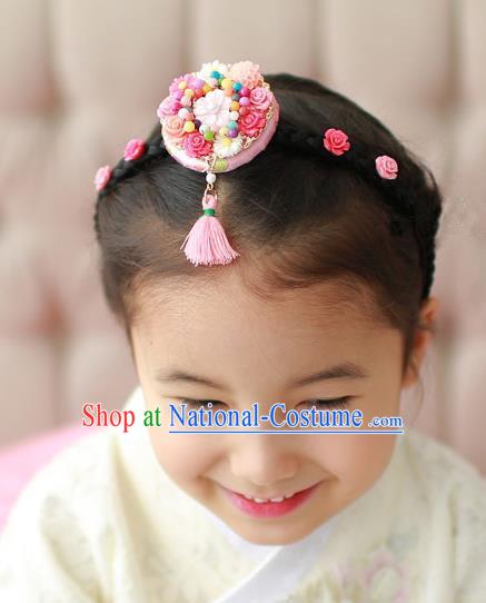 Traditional Korean Hair Accessories Embroidered Pink Flower Hair Clasp, Asian Korean Hanbok Fashion Headwear Headband for Kids