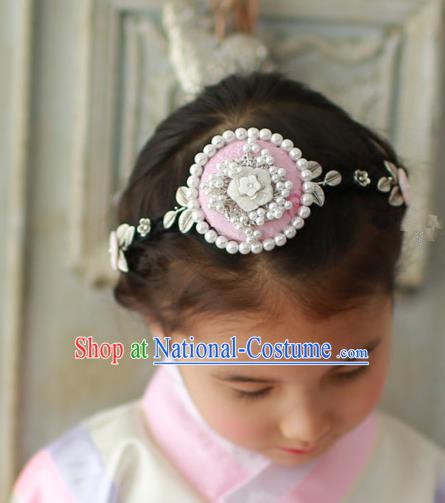 Traditional Korean Hair Accessories Pearls Pink Flower Hair Clasp, Asian Korean Hanbok Fashion Headwear Headband for Kids