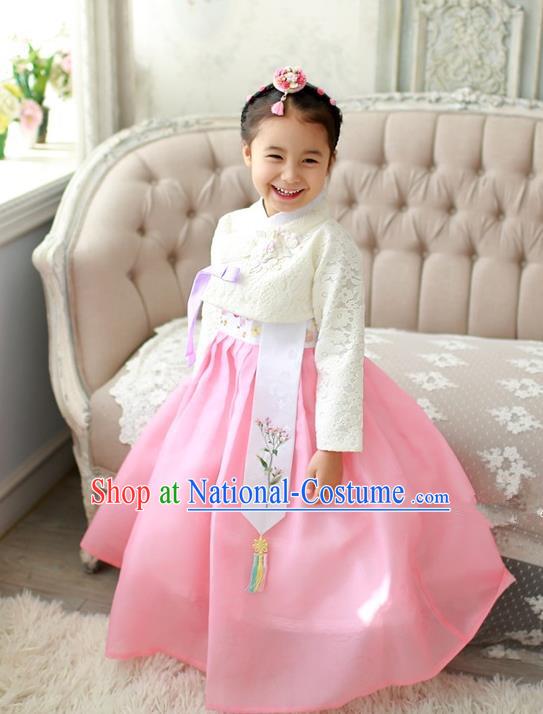 Asian Korean Traditional Handmade Formal Occasions Costume Palace Princess Embroidered White Lace Blouse and Pink Dress Hanbok Clothing for Girls