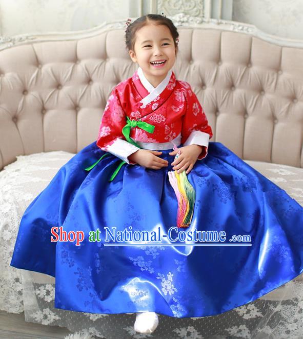 Asian Korean Traditional Handmade Formal Occasions Costume Palace Princess Embroidered Red Blouse and Blue Dress Hanbok Clothing for Girls