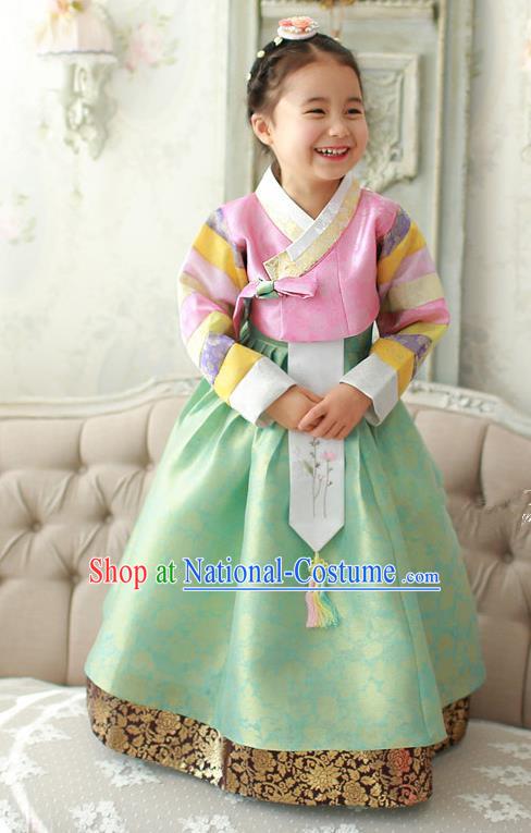 Asian Korean Traditional Handmade Formal Occasions Costume Palace Princess Embroidered Pink Blouse and Green Dress Hanbok Clothing for Girls