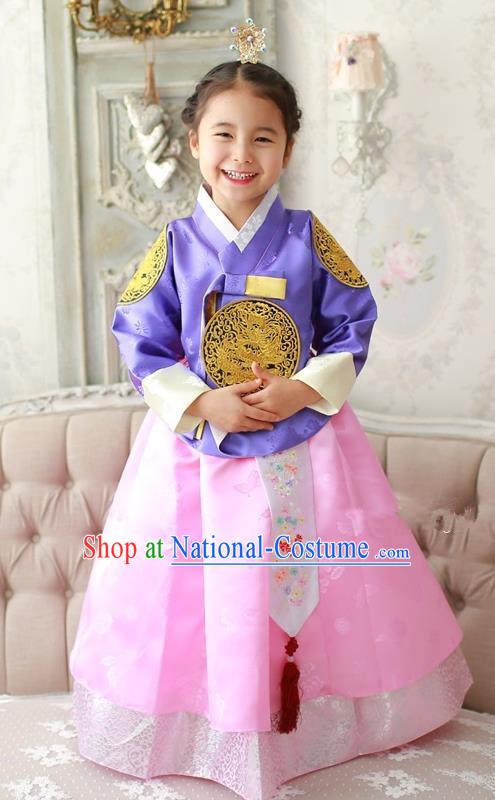 Asian Korean Traditional Handmade Formal Occasions Costume Palace Princess Embroidered Purple Blouse and Pink Dress Hanbok Clothing for Girls