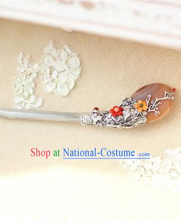 Traditional Korean Hair Accessories Bride Brown Jade Hairpins, Asian Korean Fashion Wedding Headwear for Kids