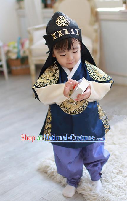 Asian Korean Traditional Handmade Formal Occasions Boys Navy Embroidered Costume Hanbok Clothing for Boys