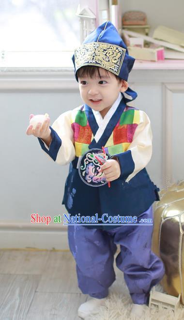 Asian Korean Traditional Handmade Formal Occasions Boys Embroidered Deep Blue Costume Hanbok Clothing for Boys