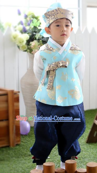 Asian Korean Traditional Handmade Formal Occasions Boys Embroidered Blue Costume Hanbok Clothing for Boys