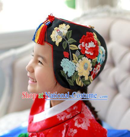 Traditional Korean Hair Accessories Bride Black Embroidered Peony Hats, Asian Korean Fashion Girls Wedding Headwear for Kids