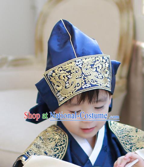 Traditional Korean Hair Accessories Blue Embroidered Prince Hats, Asian Korean Fashion Wedding Headwear for Kids