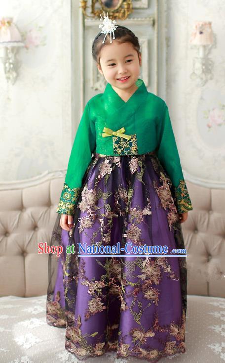 Asian Korean Traditional Handmade Formal Occasions Girls Embroidered Green Blouse and Purple Dress Costume Hanbok Clothing for Kids