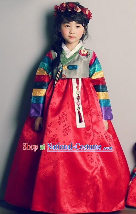 Asian Korean Traditional Handmade Formal Occasions Girls Embroidered Blouse and Red Dress Costume Hanbok Clothing for Kids