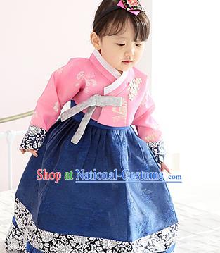 Asian Korean Traditional Handmade Formal Occasions Girls Embroidered Pink Blouse and Blue Dress Costume Hanbok Clothing for Kids