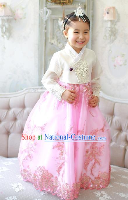 Asian Korean Traditional Handmade Formal Occasions Girls Embroidered White Blouse and Pink Lace Dress Costume Hanbok Clothing for Kids