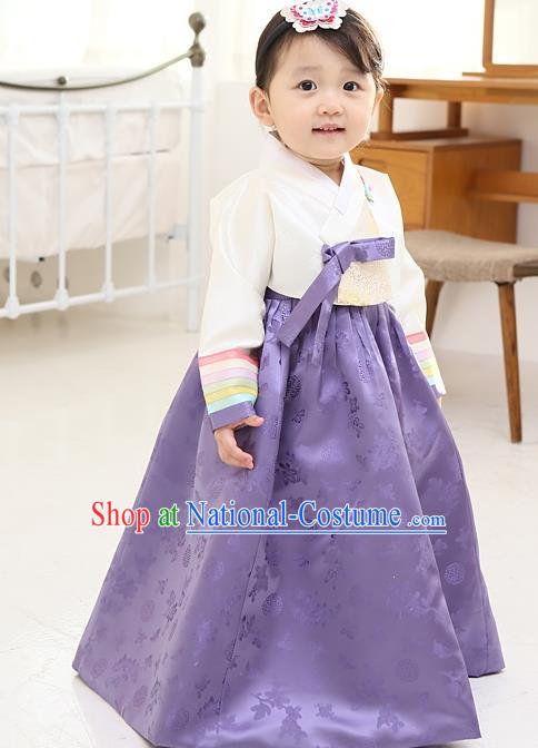 Asian Korean Traditional Handmade Formal Occasions Girls Embroidered White Blouse and Purple Dress Costume Hanbok Clothing for Kids